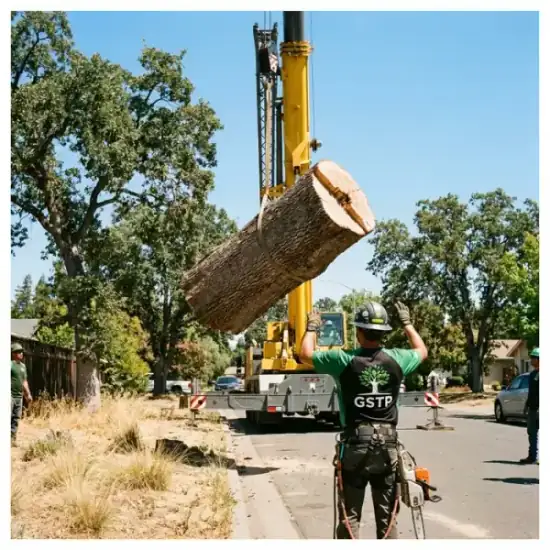 Crane lowering a tree section during a Orlando removal